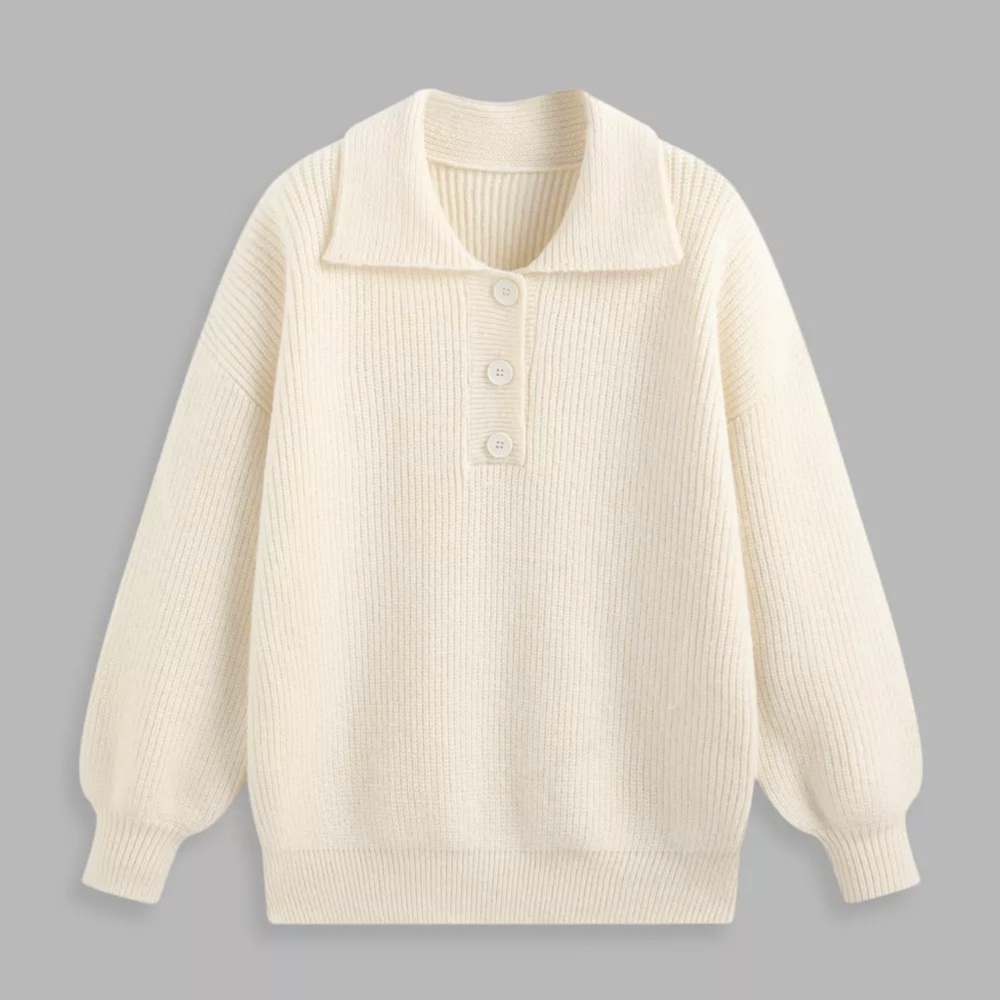 Solid Polo Button Up Rib Sweater - Beige